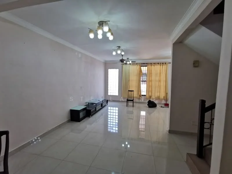 Living features: white painted walls, glossy ceramic tile flooring, recessed downlights, 5-blade ceiling fan with light, large windows with sheer curtains, glass coffee table, wooden dining chair, black sofa, open layout, natural light from windows; style: modern.