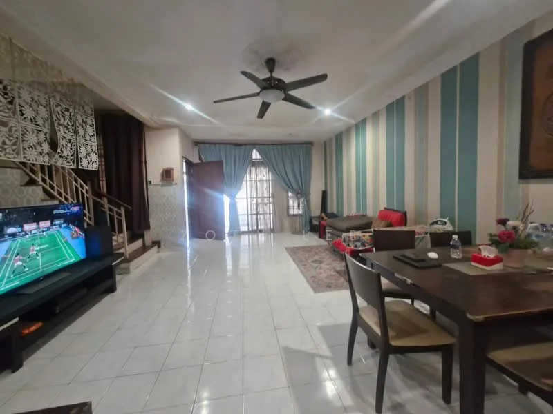 Living features: 5-blade ceiling fan with light, wall-mounted TV, TV console, 3-seater fabric sofa in red, area rug with geometric pattern, dining table with 4 chairs, sliding glass door, cream painted walls, striped wallpaper, white tiled flooring, decorative wall paneling, curtains, decorative artwork; style: modern.
