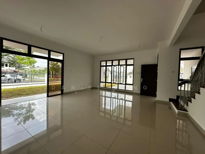 Living features: large floor-to-ceiling windows, white painted walls, glossy ceramic tile flooring, high ceiling, open layout, natural light, view of garden, staircase leading to upper floor; style: modern; view: garden.
