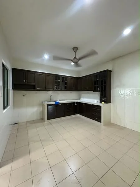 Kitchen features: dark wood cabinetry, white countertop, single-bowl stainless-steel sink, chrome pull-down faucet, ceramic tile flooring, recessed LED downlights, 5-blade ceiling fan, wall-mounted window, tile cladding on walls, open layout, kitchen island, built-in shelving; style: modern.