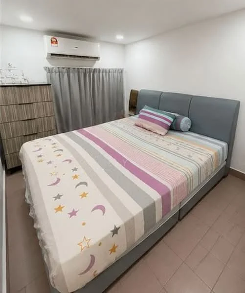 Bedroom features: king-size bed with upholstered headboard, striped bedspread with stars and moons pattern, decorative pillow, nightstand with drawers, floor-to-ceiling window with sheer curtains, wall-mounted air conditioning unit, light-colored painted walls, tile flooring; style: modern.