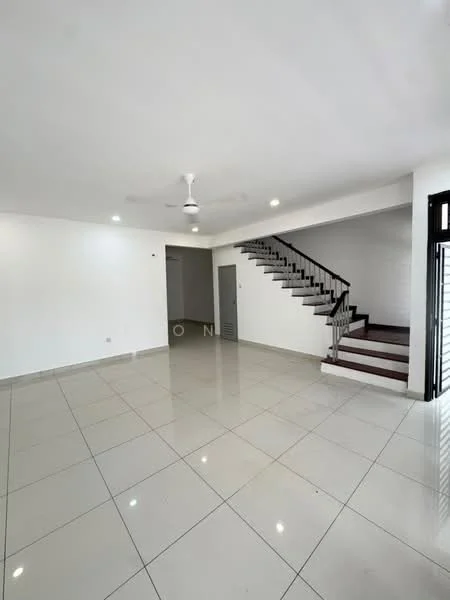Living features: white painted walls, glossy ceramic tile flooring, 5-blade ceiling fan with light, recessed LED downlights, staircase with wooden steps, open layout, large windows for natural light, no visible furniture; style: modern.