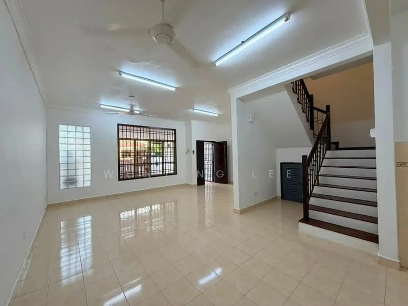 Living features: white painted walls, cream tiled flooring, ceiling with fluorescent lights, large window with grid pattern, staircase with wooden railing, open layout, corner wall with ventilation grill, no visible furniture; style: modern.