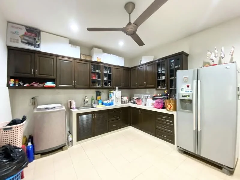 Kitchen features: dark wood cabinetry, stainless-steel refrigerator, built-in oven, double-bowl stainless-steel sink, chrome pull-down faucet, granite countertop, ceramic tile flooring, ceiling fan, wall-mounted cabinets, open shelving, decorative items on countertop, laundry basket; style: modern.