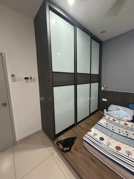 Bedroom features: wooden flooring, built-in wardrobe with sliding doors, queen-size bed, bedding with floral pattern, wall-mounted light fixture, white painted walls, recessed ceiling lights, floor-to-ceiling windows, decorative wall paneling; style: modern.