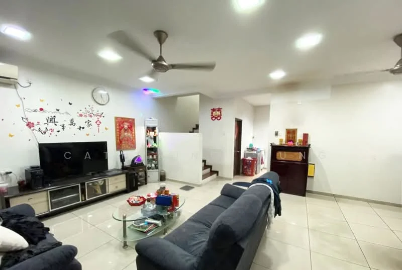 Living features: 3-seater fabric sofa in dark grey, glass coffee table, wall-mounted TV, TV console with storage, ceiling fan with light, recessed LED downlights, cream tiled flooring, white painted walls, decorative wall art, staircase leading to upper floor, air conditioning unit, clock on wall; style: modern.