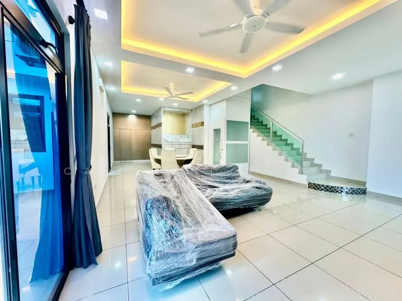 Living features: 3-seater fabric sofa wrapped in plastic, ceiling fan, recessed LED downlights, white painted walls, glossy tile flooring, large glass sliding door, curtains in dark blue, open layout, staircase with glass railing, dining area visible in background; style: modern.