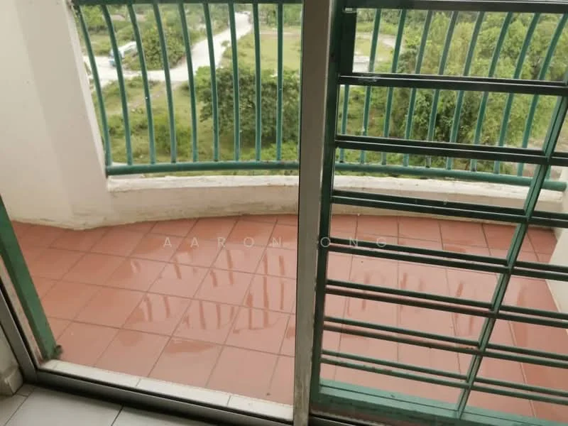 Room features: tiled flooring, green metal railing, sliding glass door, outdoor balcony space, view of greenery; view: garden.