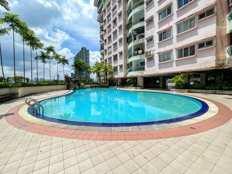 Exterior type: high-rise condominium; features: infinity pool, pool deck with loungers, tropical landscaping, palm trees, surrounded by greenery, glass curtain wall, balconies on building facade, tile flooring around pool; style: modern.