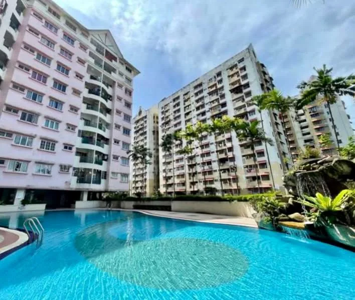 Exterior type: mid-rise condominium; features: swimming pool with clear blue water, landscaped garden with tropical plants, waterfall feature next to pool, multiple balconies on building facade, white painted facade, surrounded by palm trees, pool deck with loungers, approximately 5-storey high-rise; style: modern.