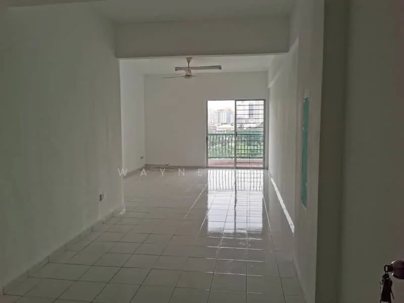Living features: white painted walls, glossy white tile flooring, 5-blade ceiling fan, floor-to-ceiling sliding glass door, balcony access, natural light from large window, open layout, view of city skyline; style: modern; view: city.