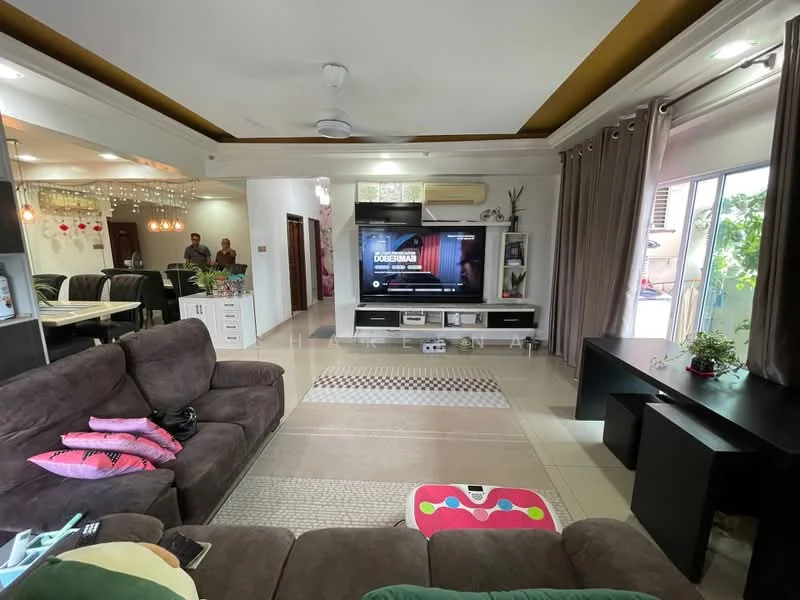 Living features: 3-seater fabric sofa in brown, 2-seater fabric sofa in green, coffee table, wall-mounted TV, TV console in black, area rug with geometric pattern, ceiling fan, recessed downlights, large windows with sheer curtains, decorative plants, white painted walls, tile flooring; style: modern; view: garden. Dining features: 6-seater dining table, dining chairs, open shelving unit, decorative lighting, white painted walls, tile flooring; style: modern.