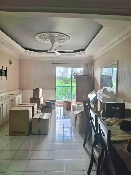 Living features: white painted walls, glossy tile flooring, tray ceiling with decorative molding, 5-blade ceiling fan, large sliding glass door, balcony access, dining table with chairs, boxes and packing materials, mirror on wall, natural light from window; style: modern; view: city.