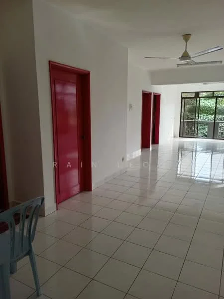 Room features: white painted walls, glossy white tile flooring, ceiling fan, large windows with view to outside, red doors, open layout, natural light, no visible furniture; style: modern; view: garden.
