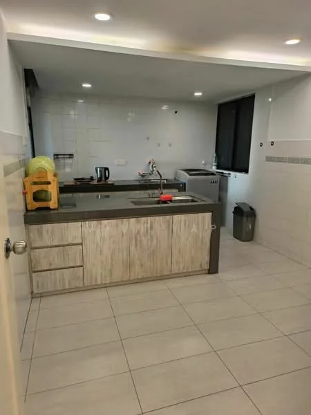 Kitchen features: grey granite countertop, wood cabinetry with light finish, single-bowl stainless-steel sink, chrome pull-down faucet, built-in oven, freestanding kettle, black countertop appliances, tile backsplash, white tiled walls, recessed downlights, window with black blinds, ceramic tile flooring, waste bin; style: modern.