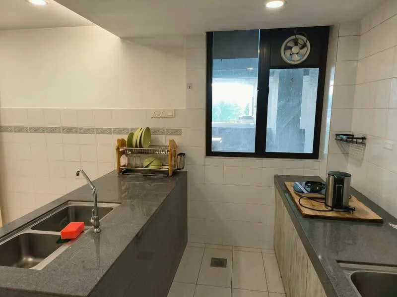 Kitchen features: double-bowl stainless-steel sink, chrome pull-down faucet, grey granite countertop, white tiled backsplash, built-in kitchen cabinets, stainless-steel kettle, gas stove, dish rack, window with city view, tile flooring, recessed downlights; style: modern; view: city.