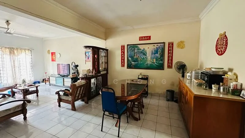 Living features: white painted walls, ceramic tile flooring, ceiling fan, wall-mounted TV, wooden coffee table, 2-seater wooden sofa, wooden dining table with chairs, display cabinet, decorative wall art, window with sheer curtains; style: traditional.
