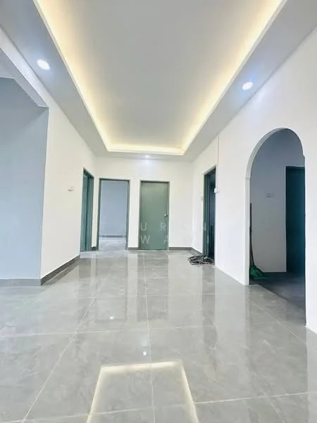 Room features: white painted walls, grey marble tile flooring, recessed downlights, tray ceiling with LED lighting, arched doorway, multiple doorways, clean lines, open layout; style: modern.