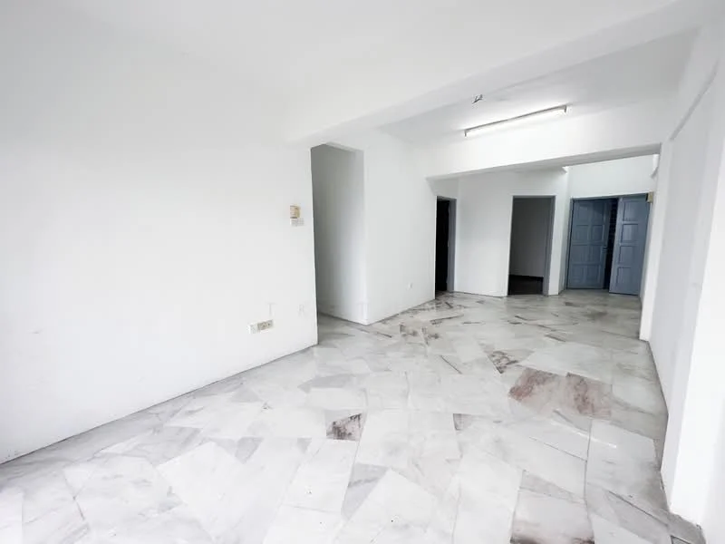 Room features: white painted walls, marble tile flooring, recessed ceiling lights, open layout, multiple doorways, natural light from windows, neutral color scheme; style: minimalist.