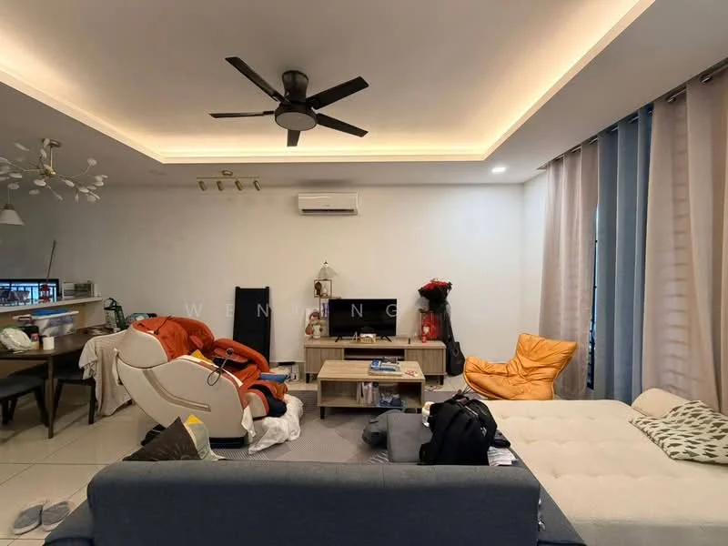 Living features: sofa in grey fabric, 3-seater sofa, orange bean bag, wooden coffee table, TV console, wall-mounted TV, ceiling fan with light, recessed LED downlights, floor-to-ceiling windows with sheer curtains, cream painted walls, tile flooring, decorative wall art, air conditioning unit; style: modern.