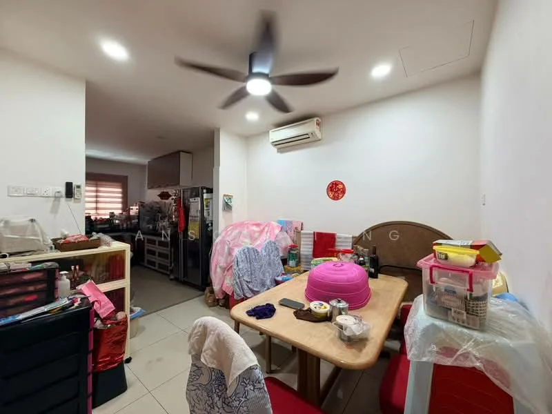 Dining features: round dining table, red upholstered dining chairs, ceiling fan with light, wall-mounted air conditioning unit, white painted walls, tile flooring, decorative wall art, storage cabinets, kitchen area visible in background; style: modern.