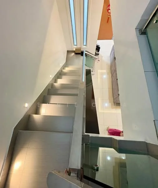 Room features: stainless-steel handrail, glass balustrade, white painted walls, recessed lighting, tile flooring, staircase with steps, natural light from skylight, open space, modern design; style: modern.