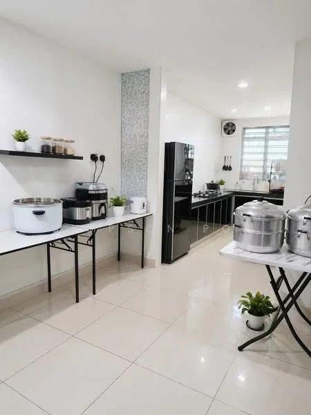 Kitchen features: white painted walls, glossy tile flooring, black cabinetry, stainless-steel refrigerator, stainless-steel rice cooker, stainless-steel pressure cooker, white slow cooker, black countertop, kitchen sink, wall-mounted air conditioning unit, window with sheer curtains, decorative plants in pots, open shelving with jars; style: modern.
