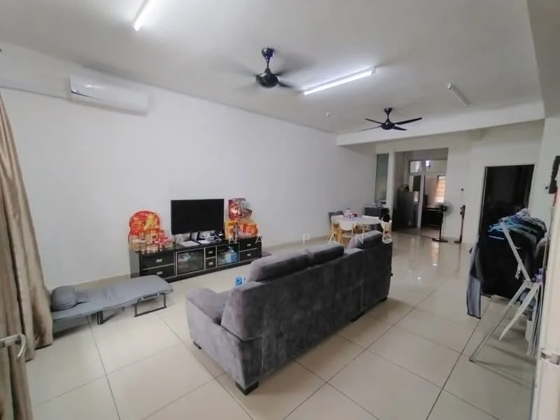 Living features: grey fabric sofa, TV console, wall-mounted TV, ceiling fan, air conditioning unit, tile flooring, white painted walls, recessed lighting, decorative wall art, open layout, sliding door to adjacent room; style: modern.