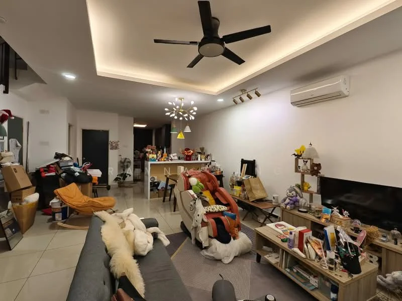 Living features: 5-blade ceiling fan with light, recessed LED downlights, cream painted walls, white tiled flooring, sofa with cushions, wooden coffee table, wall-mounted TV, decorative items on shelves, open shelving unit, various decorative plants, dining table with chairs, boxes and clutter in the background; style: modern.