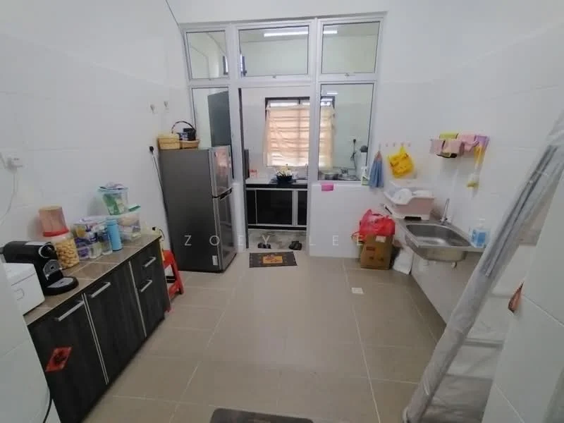 Kitchen features: grey cabinetry, stainless-steel fridge, double-bowl stainless-steel sink, chrome pull-down faucet, black countertop, ceramic tile flooring, white tiled walls, window with sheer curtains, kitchen cabinets with handles, microwave, kettle, cleaning supplies on countertop; style: modern.