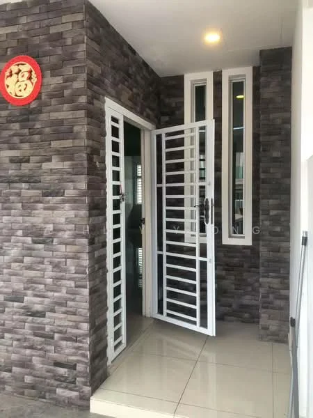 Exterior features: stone cladding on walls, grey stone facade, white metal security gate, tiled flooring, vertical windows, decorative wall ornament, modern entrance design, overhead lighting; style: modern.