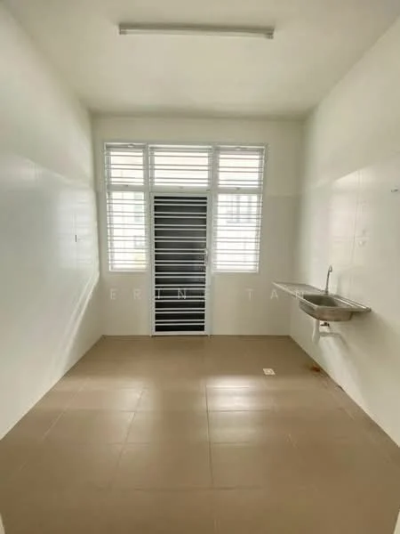 Laundry features: white painted walls, tile flooring, single-bowl stainless-steel sink, metal window grilles, sliding window with horizontal slats, door with vertical slats, light fixture on ceiling; style: minimalist.
