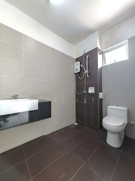 Bathroom features: grey tiled walls, white painted ceiling, dark brown floor tiles, single-bowl ceramic sink, wall-mounted faucet, shower with wall-mounted showerhead, toilet, window for natural light, soap holder, towel rack; style: modern.