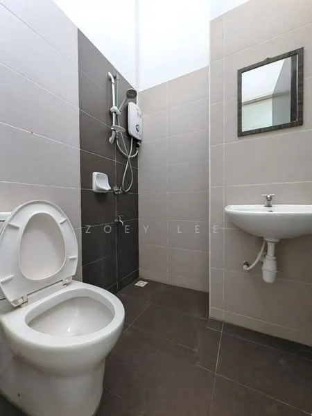 Bathroom features: one-piece toilet, wall-mounted shower with adjustable height, chrome shower head, small wall-mounted sink, mirror above sink, grey tiled walls, light beige tiled walls, dark tiled flooring; style: modern.