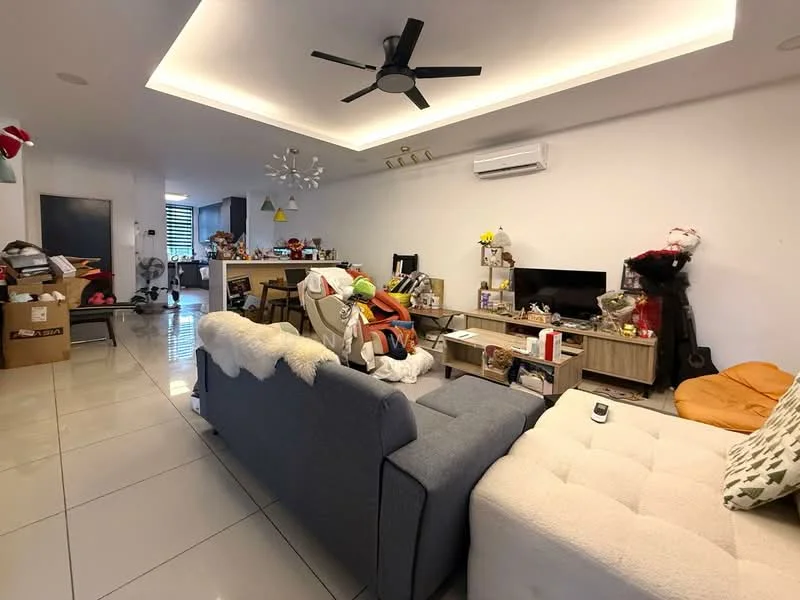 Living features: grey fabric 3-seater sofa, white tufted ottoman, ceiling fan with light, recessed LED downlights, wall-mounted TV, wooden TV console, decorative wall art, air conditioning unit, large windows with natural light, glossy tile flooring, open layout to dining area, various decorative items, shelves with books and decor; style: modern.
