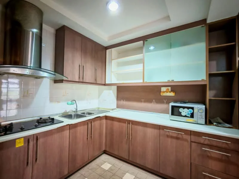 Kitchen features: brown wooden cabinetry, white countertop, stainless-steel sink, chrome pull-down faucet, 4-burner gas hob, built-in oven, microwave, tile backsplash, exhaust hood, laminate flooring, under-cabinet lighting, open shelving; style: modern.