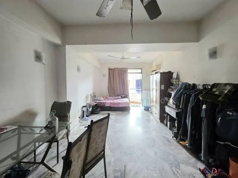 Living features: marble flooring, white painted walls, ceiling fan, floor-to-ceiling windows, curtains, queen-size bed, bedside table, wardrobe, dining table with four chairs, clothes rack, air conditioning unit.