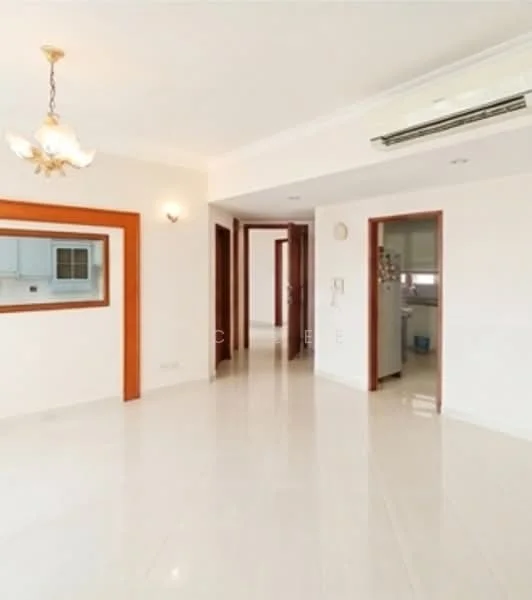 Living features: white painted walls, glossy tile flooring, recessed downlights, chandelier, air conditioning unit, open layout, doorway to other rooms, window with natural light; style: modern. Kitchen features: white cabinetry, window, countertop, open to living area; style: modern.
