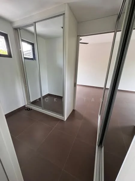 Room features: mirrored sliding wardrobe, brown tiled flooring, white painted walls, ceiling fan, window with black frame, natural light from window; style: modern.