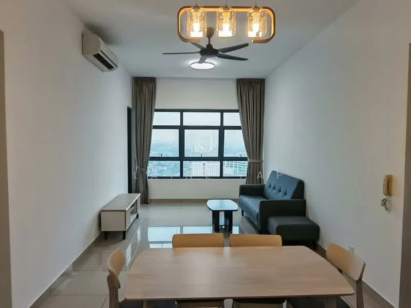 Living features: grey fabric sofa, 3-seater sofa, coffee table, TV console, wall-mounted TV, dining table with 4 chairs, floor-to-ceiling windows, curtains, 5-blade ceiling fan with light, recessed downlights, polished tile flooring, air conditioning unit; style: modern; view: city.