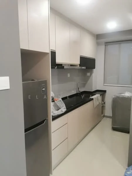 Kitchen features: black granite countertop, light beige cabinetry, stainless-steel fridge, built-in oven, single-bowl stainless-steel sink, chrome pull-down faucet, ceramic tile flooring, white walls, recessed downlights, window with sheer curtains; style: modern.
