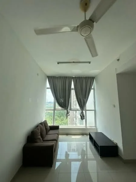Living features: 3-seater fabric sofa in brown, floor-to-ceiling windows, grey sheer curtains, white painted walls, polished ceramic tile flooring, ceiling fan with light, TV console in black, natural light from windows, view of greenery outside; style: modern; view: garden.