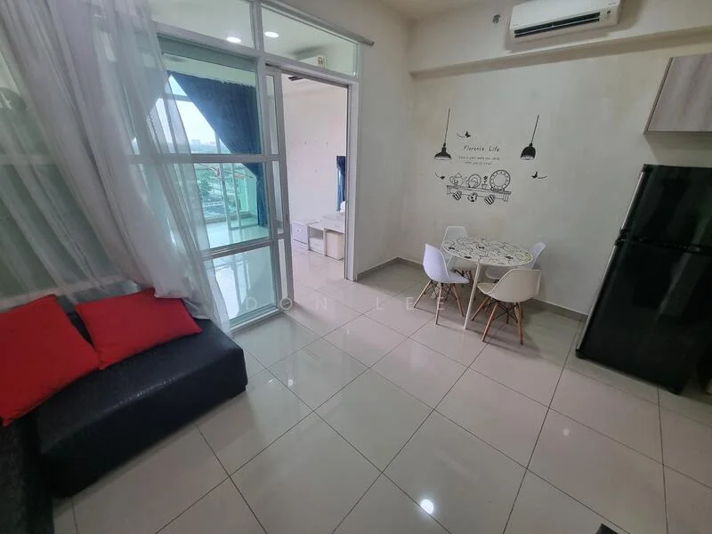 Living features: grey fabric sofa, red accent cushions, white round dining table, four white dining chairs, black fridge, large glass sliding door, curtains, glossy tile flooring, wall-mounted air conditioning unit, decorative wall art; style: modern; view: city.