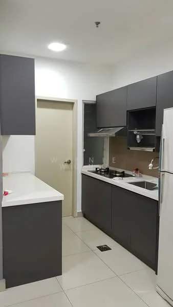 Kitchen features: grey flat-panel cabinets, white quartz countertop, stainless-steel sink, chrome pull-down faucet, built-in gas hob, built-in range hood, freestanding refrigerator, ceramic tile flooring, recessed LED downlights, wall-mounted cabinet, sliding glass door, neutral wall color; style: modern.