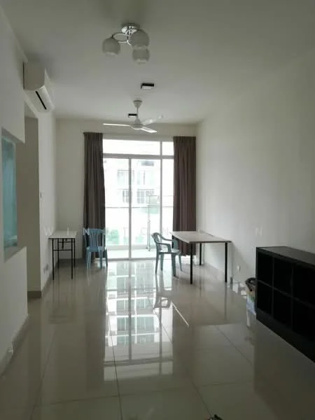 Living features: glossy tile flooring, white painted walls, tray ceiling with light fixture, 5-blade ceiling fan, floor-to-ceiling windows, curtains, glass sliding door, dining table with chairs, black shelving unit; style: modern.