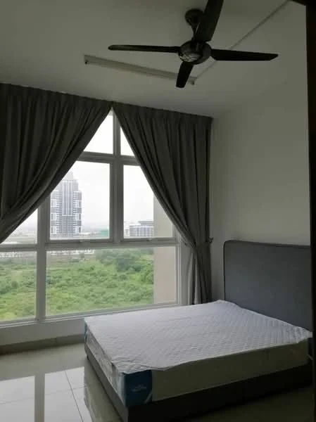 Bedroom features: king-size bed, upholstered headboard, floor-to-ceiling windows, grey curtains, 5-blade ceiling fan, white painted walls, glossy tile flooring, city view; style: modern; view: city.