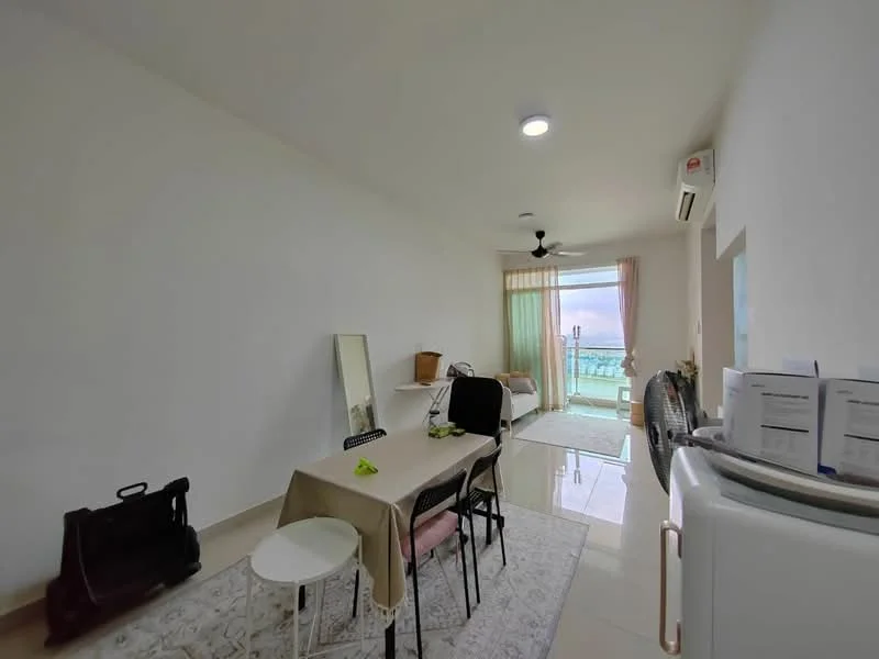 Room features: white painted walls, glossy tile flooring, 5-blade ceiling fan with light, floor-to-ceiling windows, sheer curtains, dining table with 4 chairs, mirror, air conditioning unit, refrigerator, area rug, luggage, bed with bedding; style: modern; view: city.