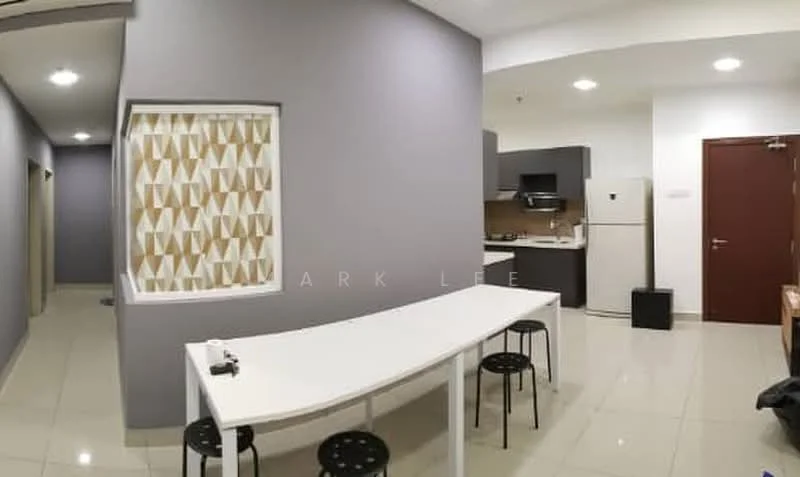 Room features: grey painted walls, white tiled flooring, recessed downlights, kitchen area with cabinets, stainless-steel fridge, built-in oven, white dining table, black stools, decorative wall with geometric pattern, open layout, doorway leading to another room; style: modern.