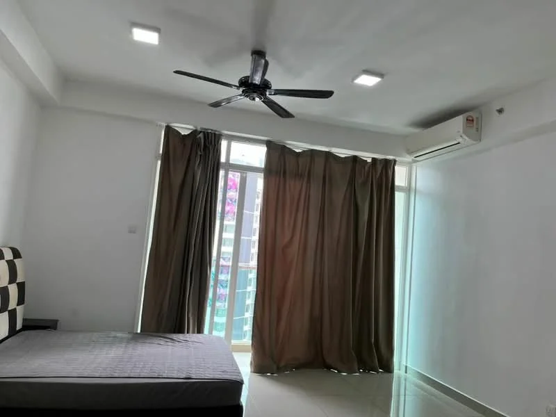 Bedroom features: queen-size bed, upholstered headboard, 5-blade ceiling fan with light, floor-to-ceiling windows, sliding glass door, sheer curtains, wall-mounted split AC, white painted walls, glossy tile flooring, decorative mirror; style: modern; view: city.