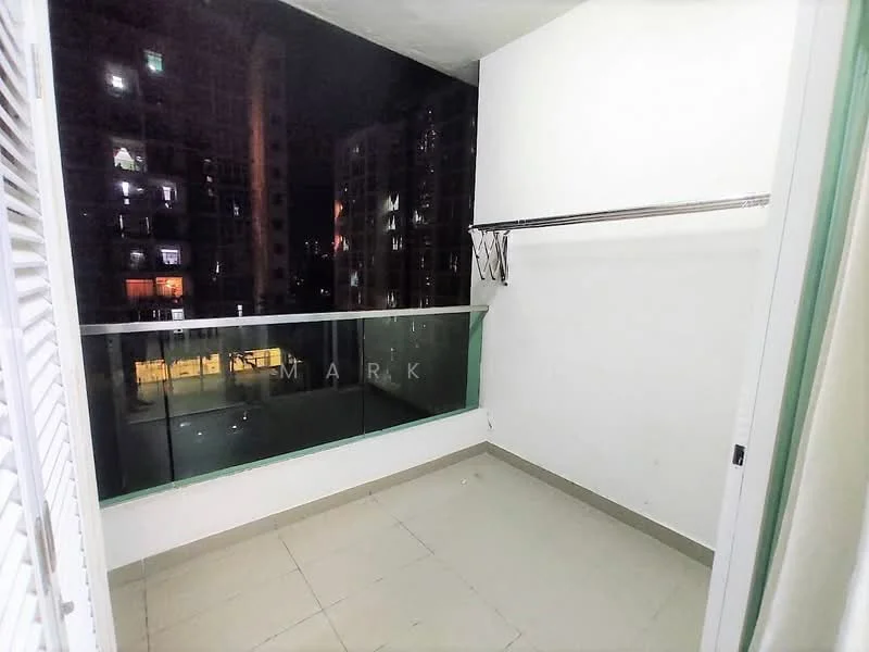 Balcony features: glass railing, tiled flooring, clothes hanging rack, night view of city, white painted walls, overhead lighting; style: modern; view: city.